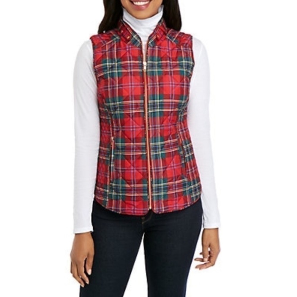 CROWN & IVY Plaid Vest Puffy Quilted Tartan Full Zip Holiday Petite Size Small